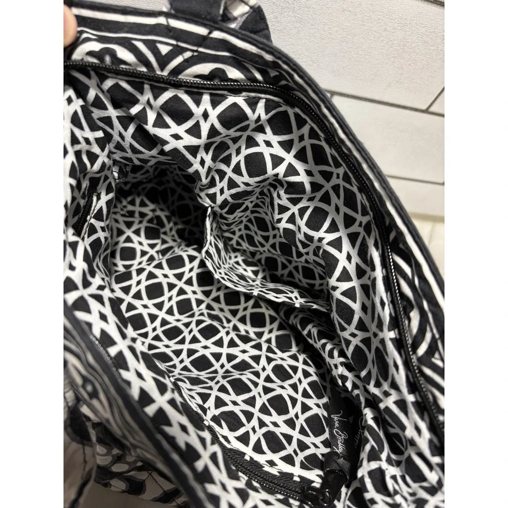 Vera Bradley Night and Day Black White Floral Quilted Tote Purse Retired Zipper